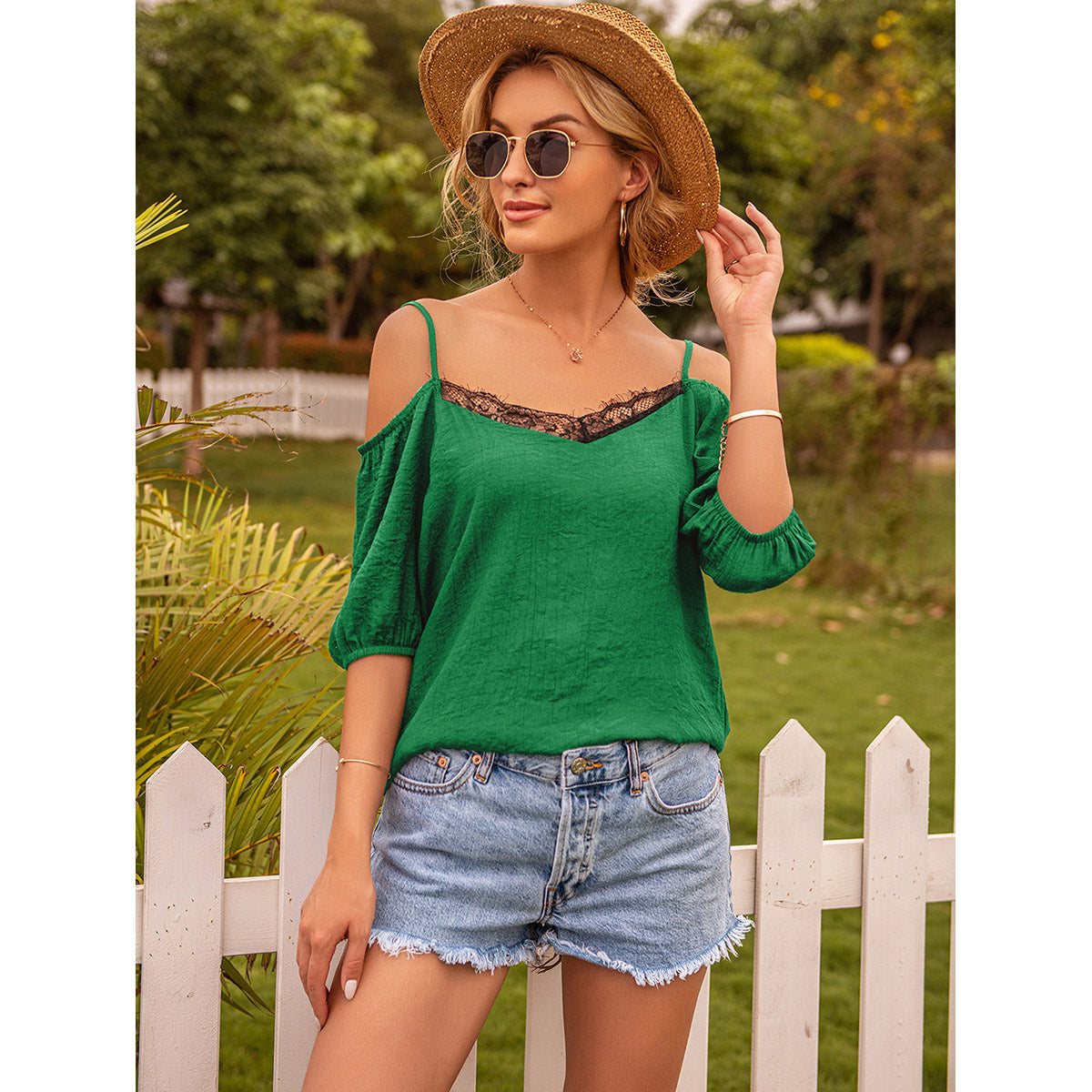 Green Cold-Shoulder Ruffles Top