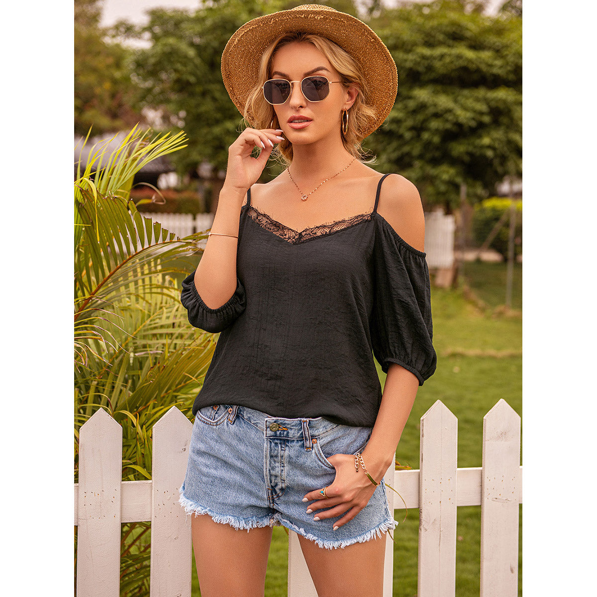 Black Cold-Shoulder Top