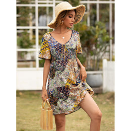 Floral Printed Flared Sleeve A-Line Dress