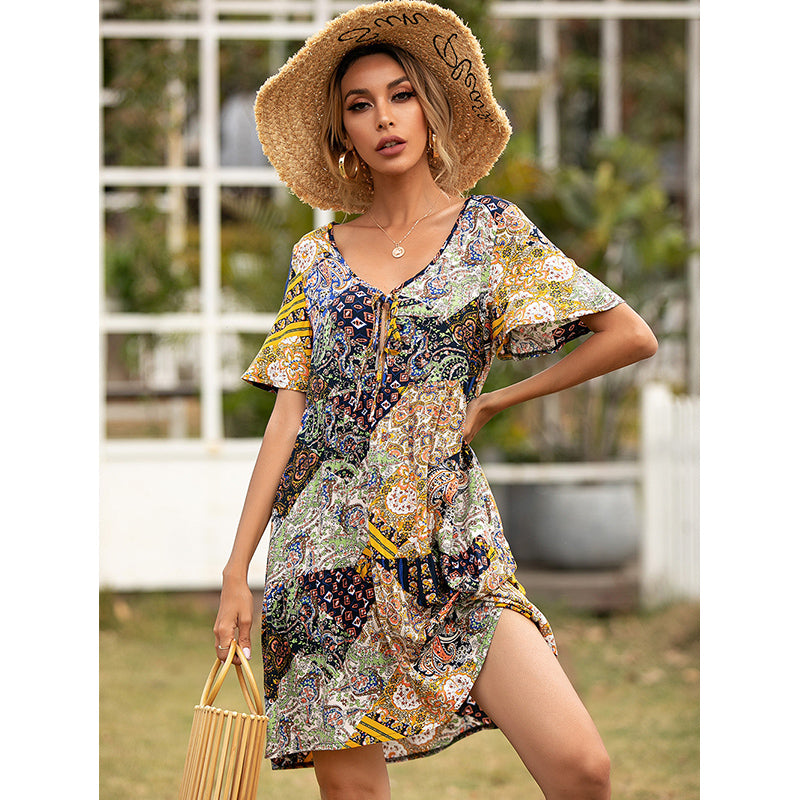 Floral Printed Flared Sleeve A-Line Dress
