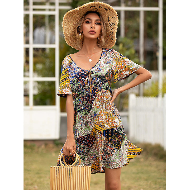Floral Printed Flared Sleeve A-Line Dress