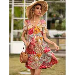 Red & White Ethnic Motifs Printed A-Line Dress