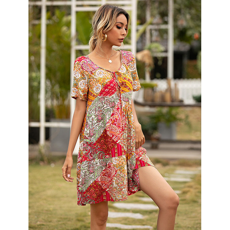 Red & White Ethnic Motifs Printed A-Line Dress