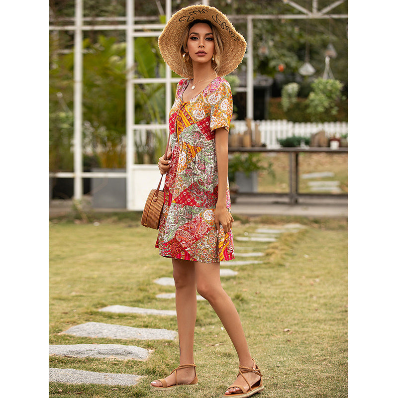 Red & White Ethnic Motifs Printed A-Line Dress