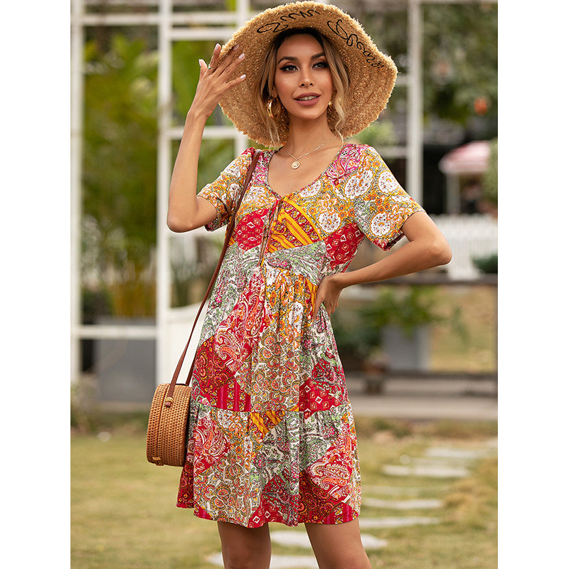 Red & White Ethnic Motifs Printed A-Line Dress