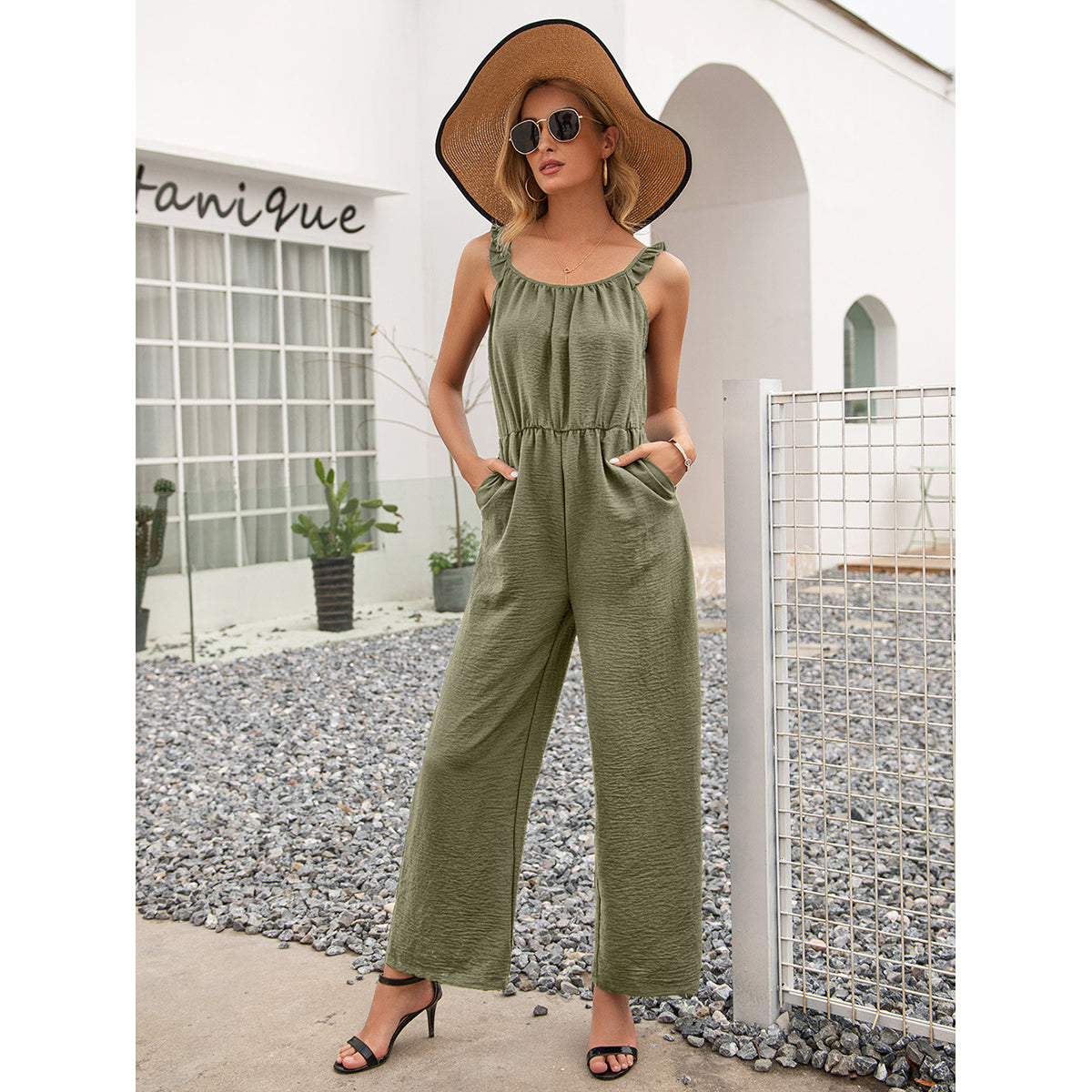 Green Basic Jumpsuit with Ruffles
