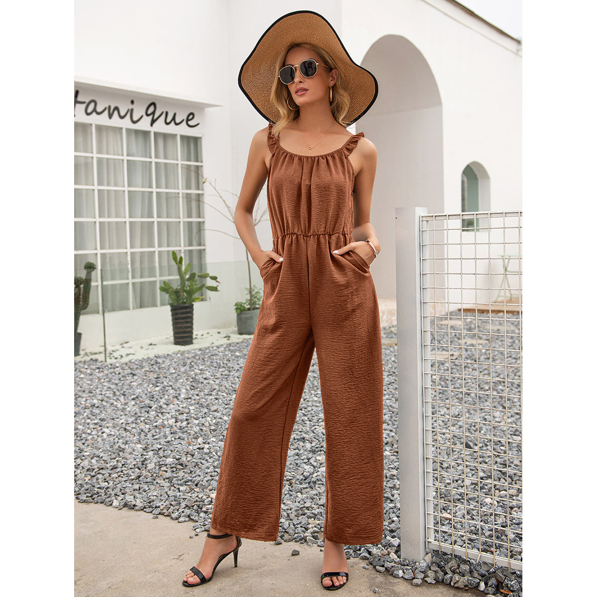 Brown Basic Jumpsuit with Ruffles