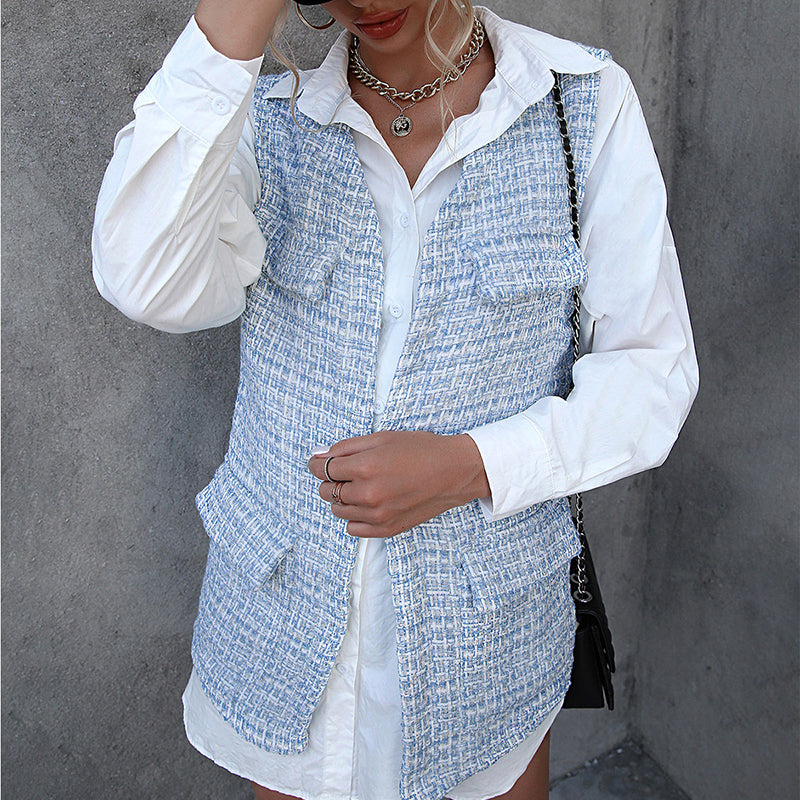 Blue Self Design Longline Tailored Jacket