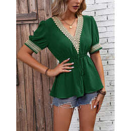 Lace Detail Puff Sleeve Cinched Waist Top