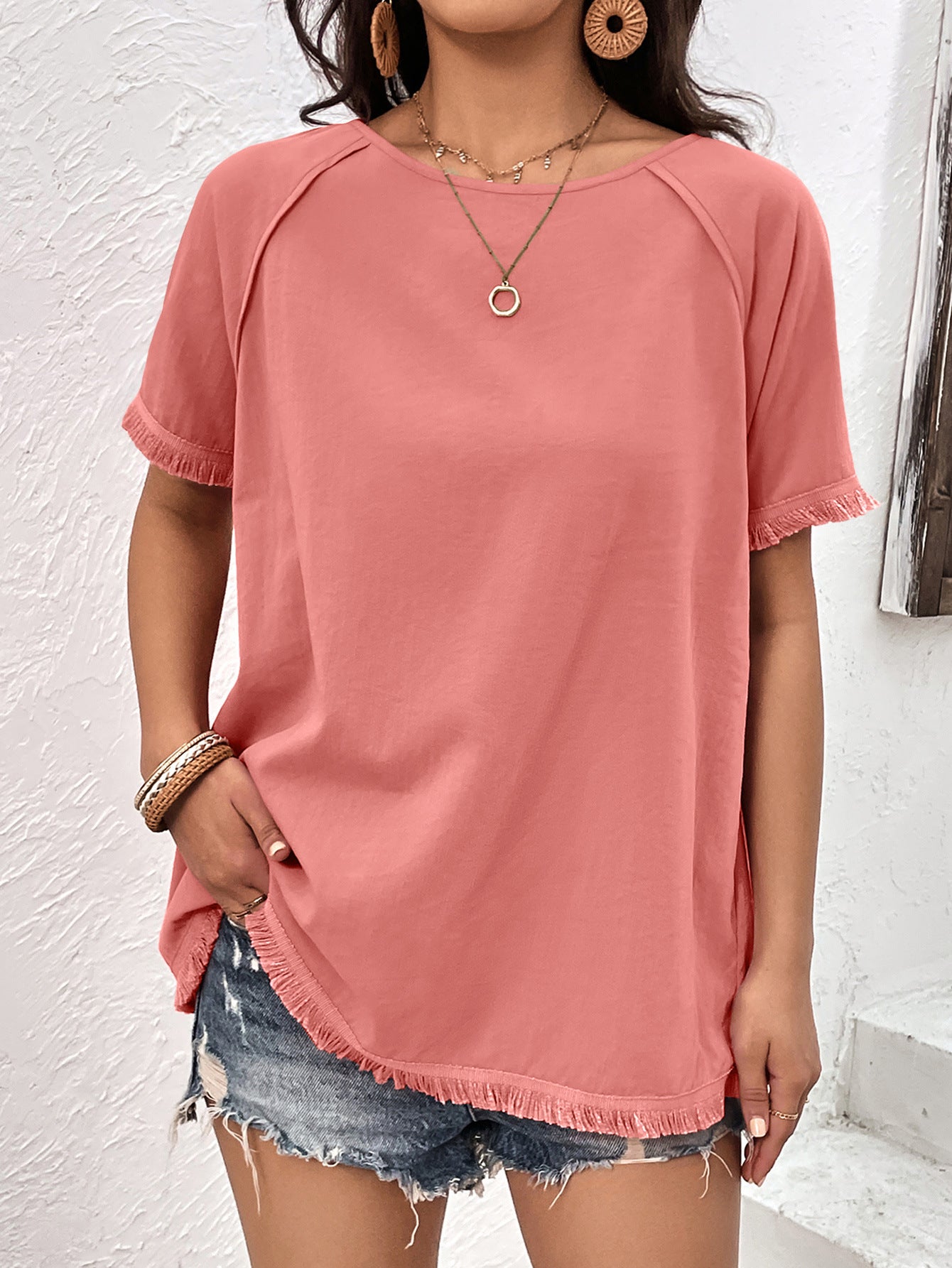 Pink Boat Neck Raglan Sleeves Top