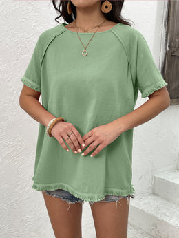 Green Raglan Sleeve Fringed Top