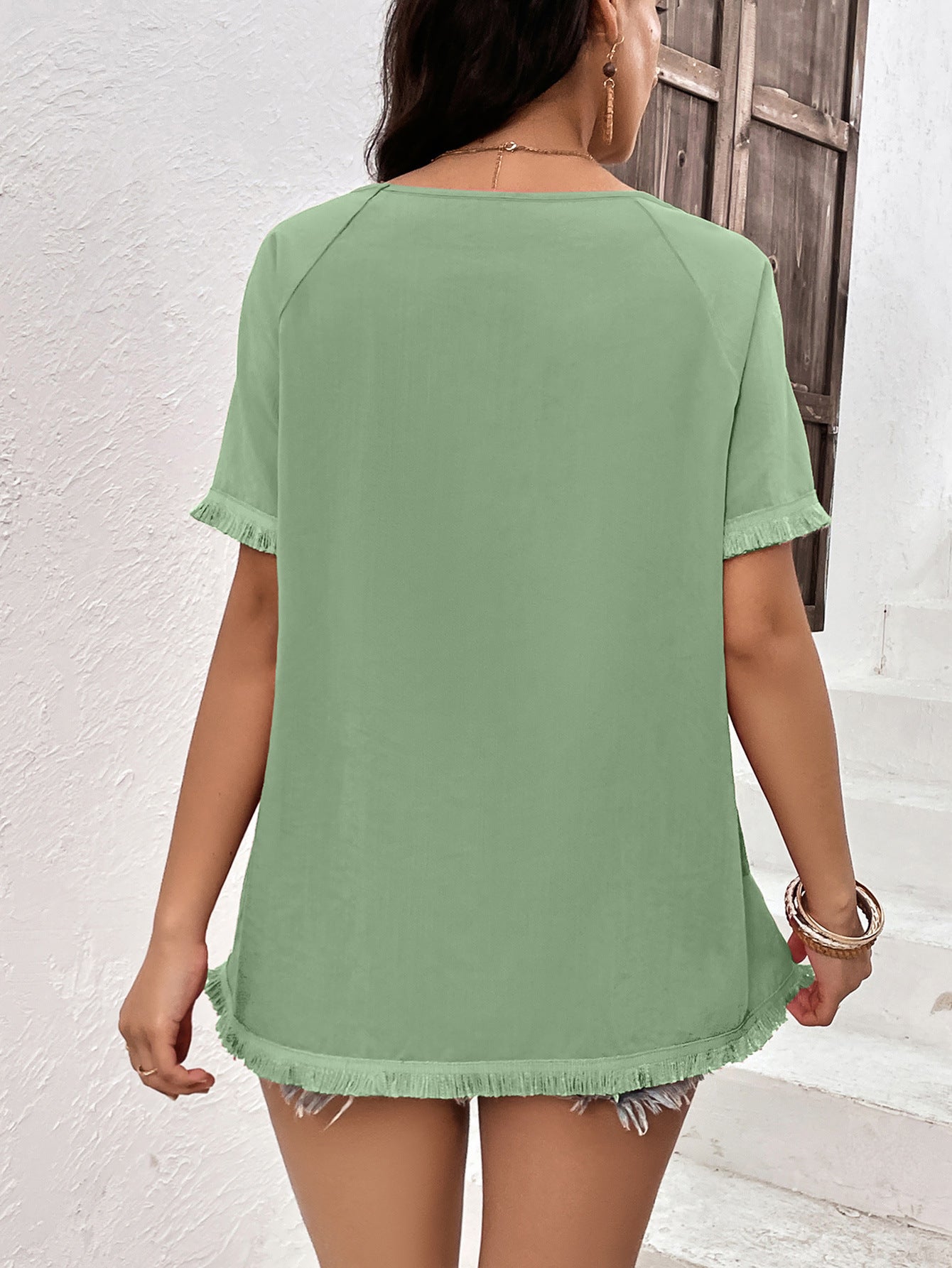Green Raglan Sleeve Fringed Top