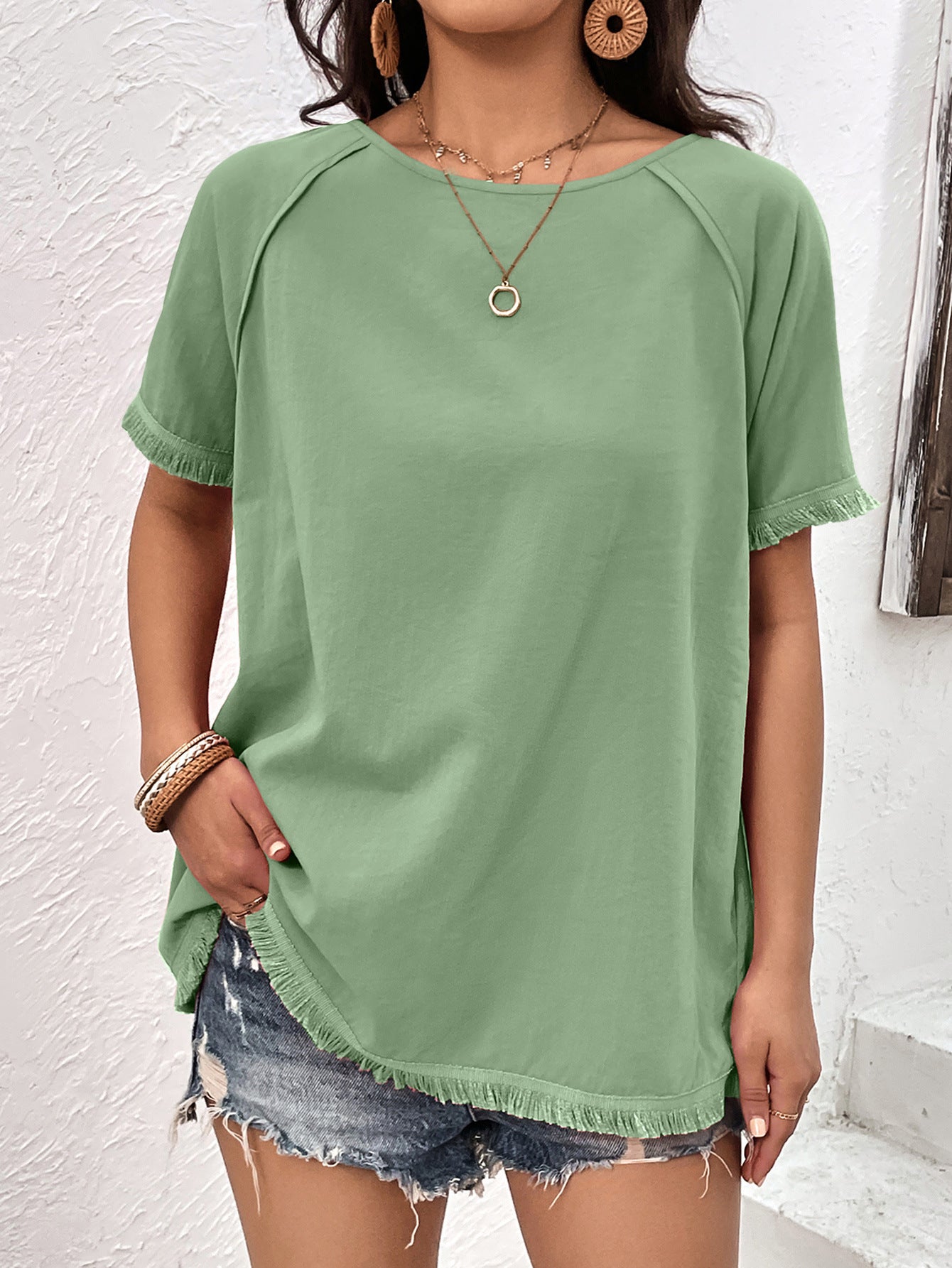 Green Raglan Sleeve Fringed Top