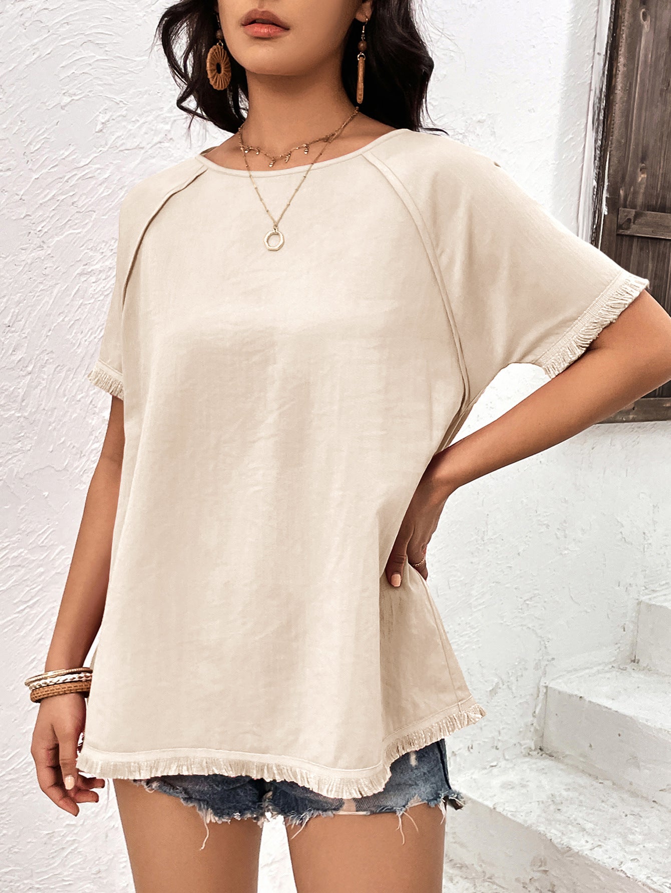 Beige Raglan Sleeves Regular Top
