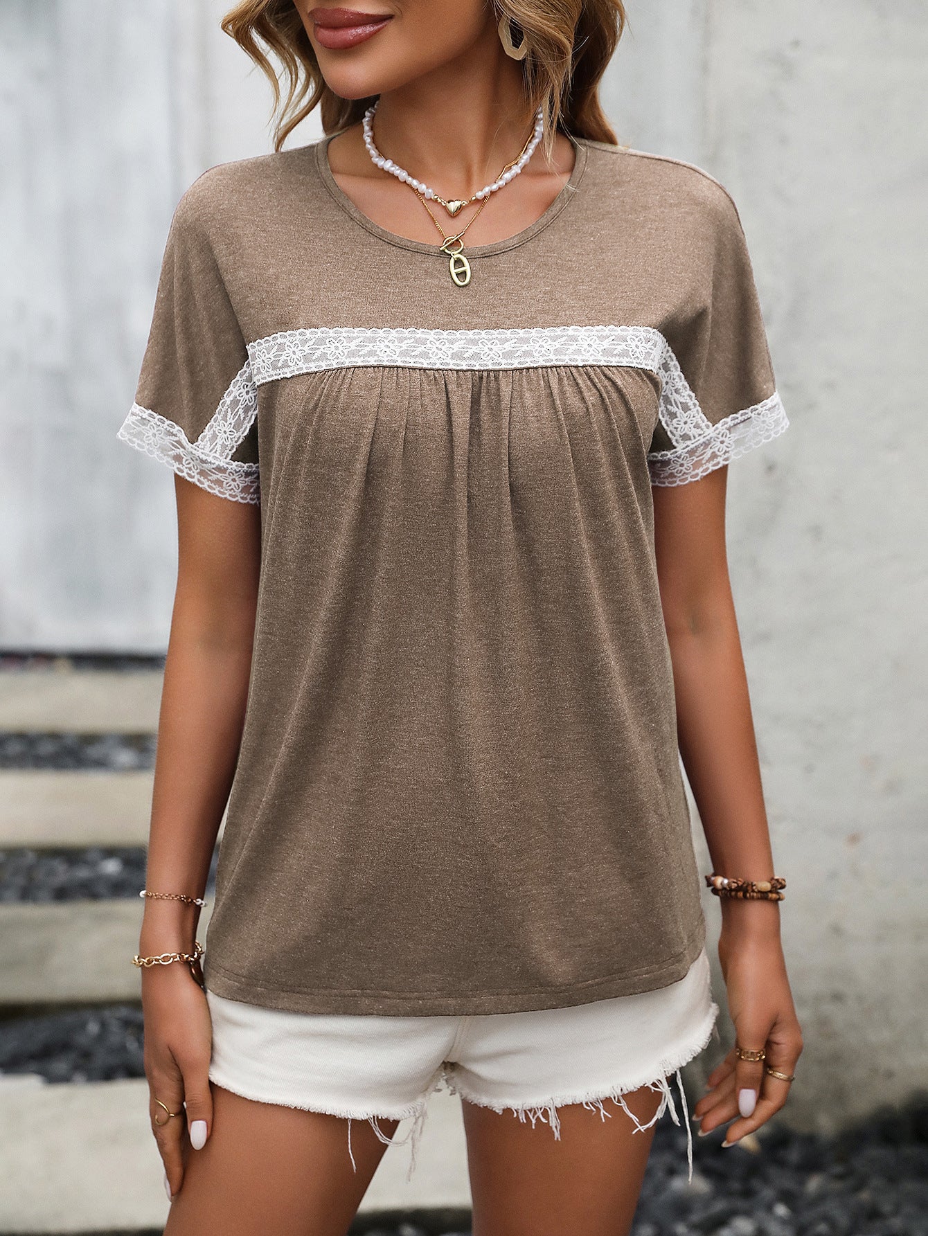 Khaki Extended Sleeves Lace Up Detail Regular Top
