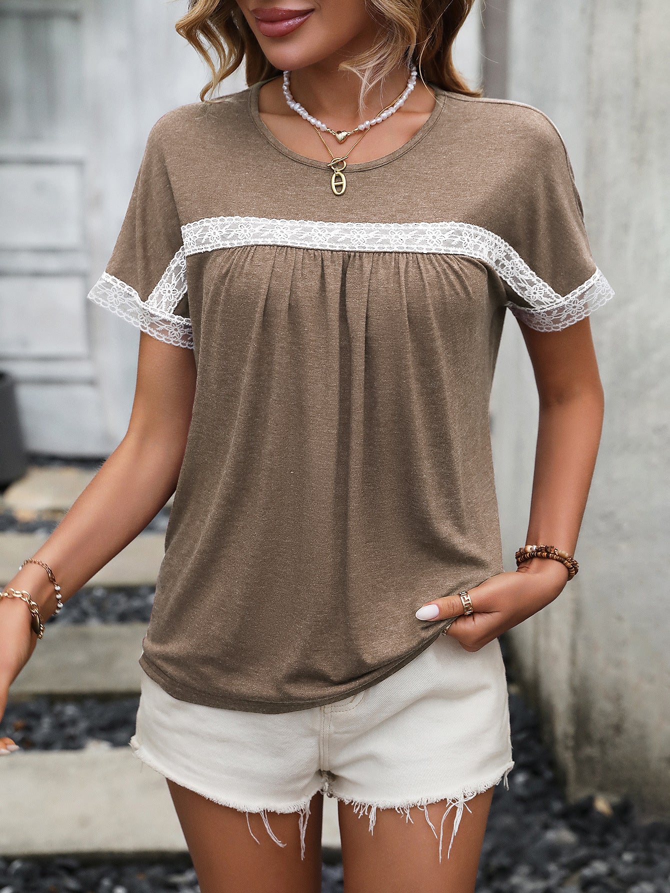 Khaki Extended Sleeves Lace Up Detail Regular Top
