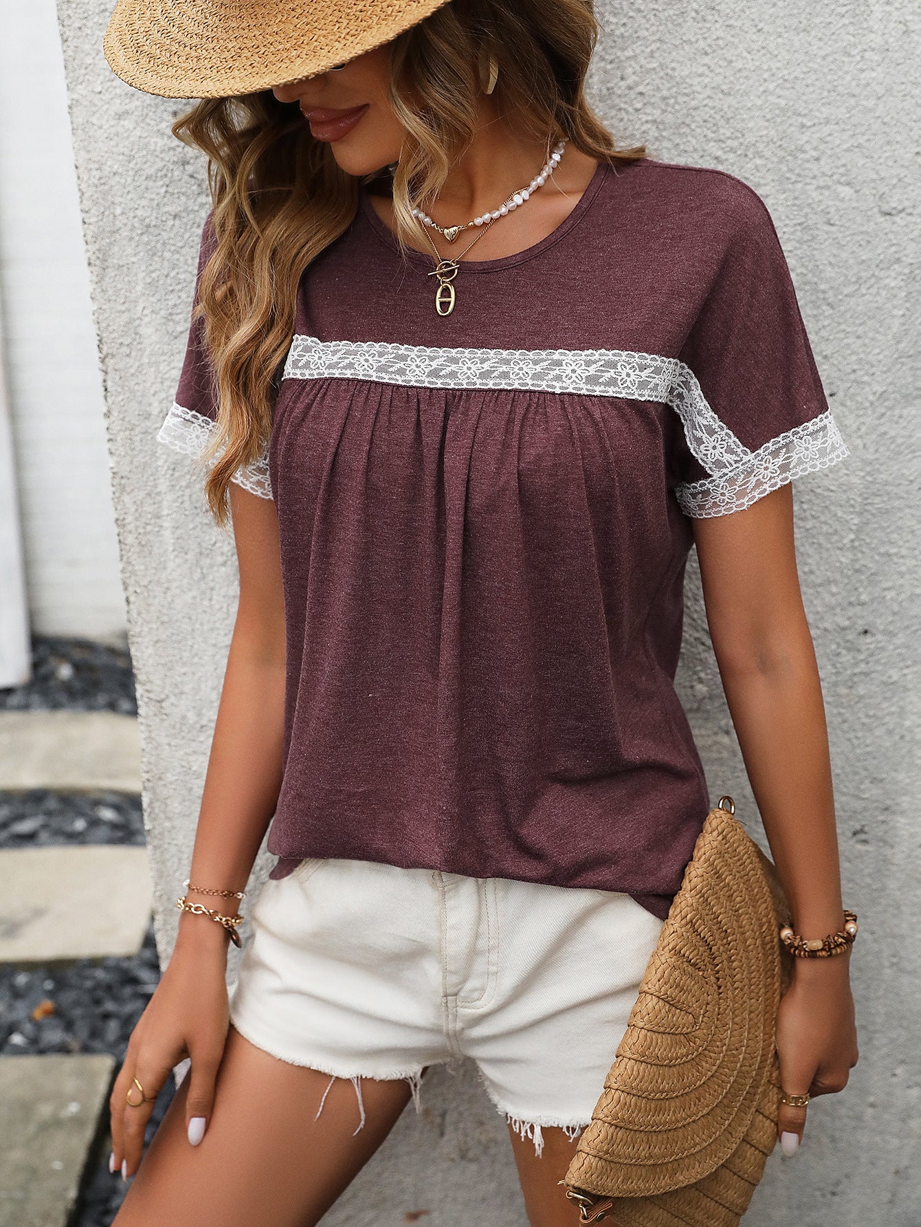 Maroon Extended Sleeves Lace Up Detail Regular Top