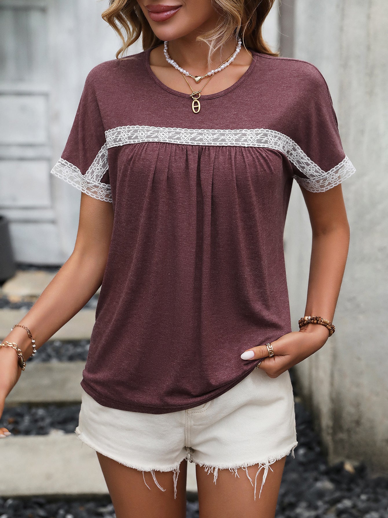 Maroon Extended Sleeves Lace Up Detail Regular Top