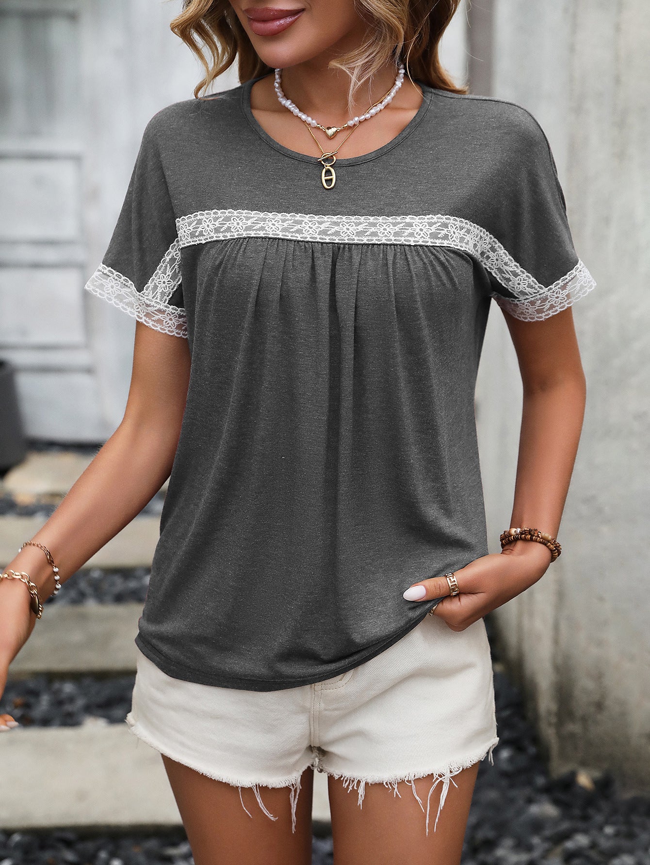 Grey Extended Sleeves Lace Up Detail Regular Top