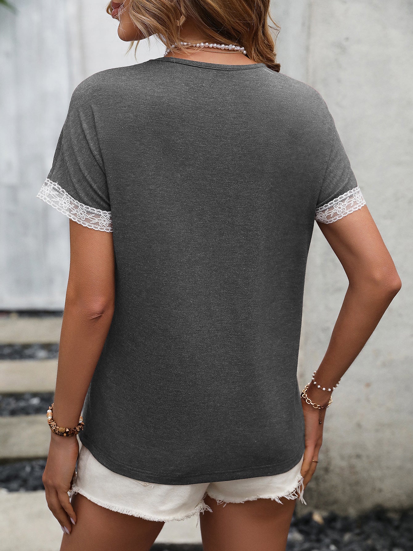 Grey Extended Sleeves Lace Up Detail Regular Top