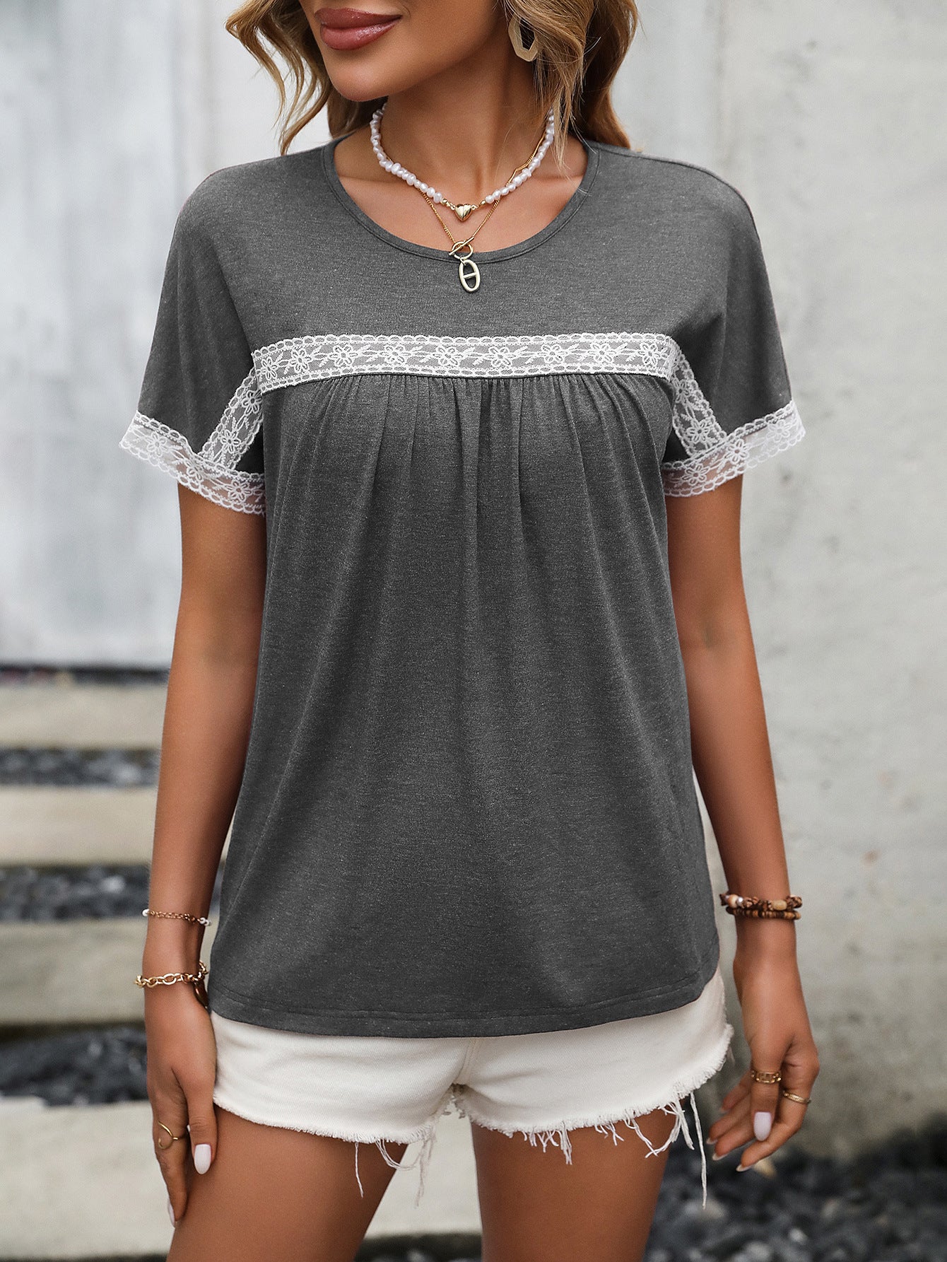 Grey Extended Sleeves Lace Up Detail Regular Top