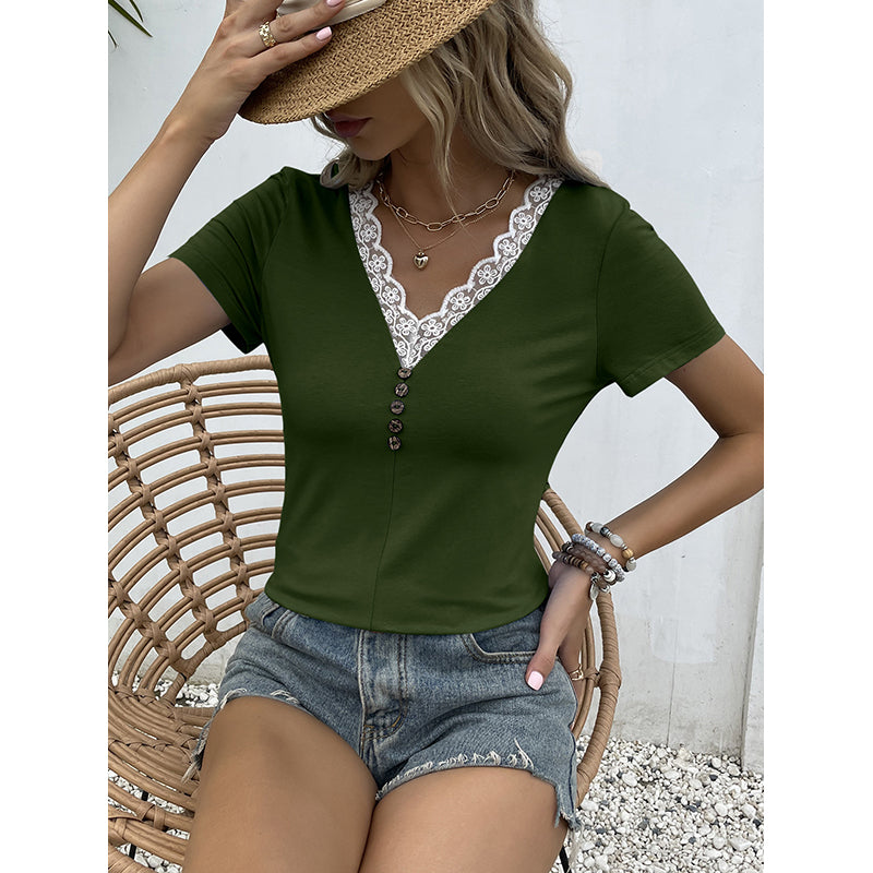 Green V-Neck Lace Inserts Top