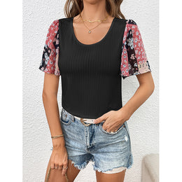 Black Colourblocked Scoop neck Flutter Sleeves Top