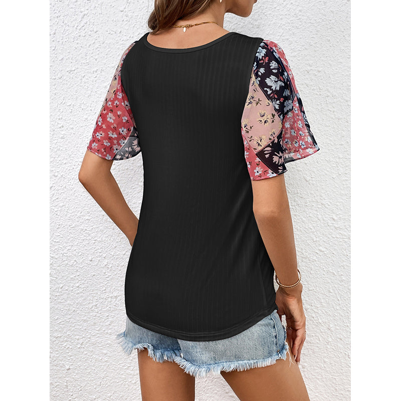 Black Colourblocked Scoop neck Flutter Sleeves Top