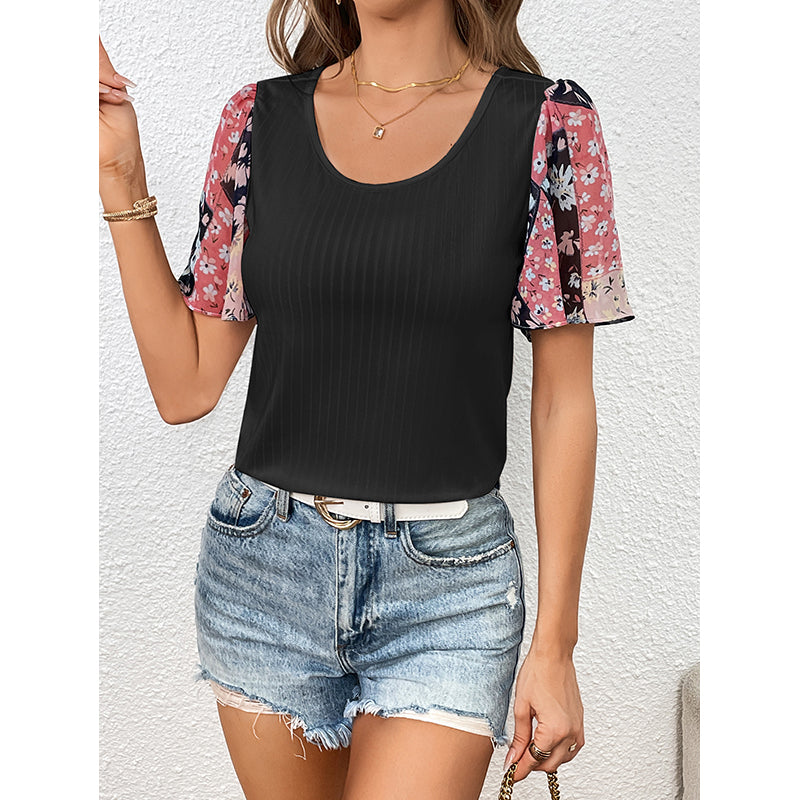 Black Colourblocked Scoop neck Flutter Sleeves Top