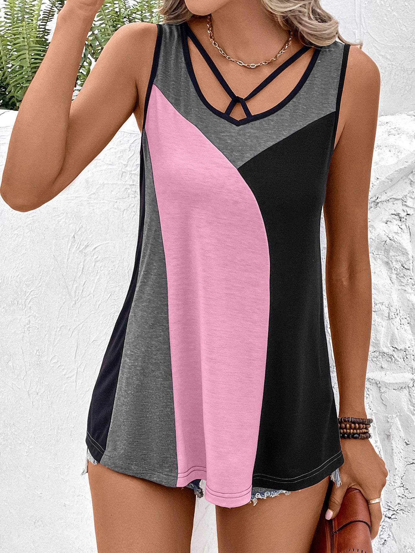 Pink & Grey Colourblocked Sleeveless Casual Top