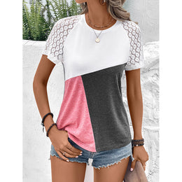 Pink & White Lace Insert Colourblocked Casual Top