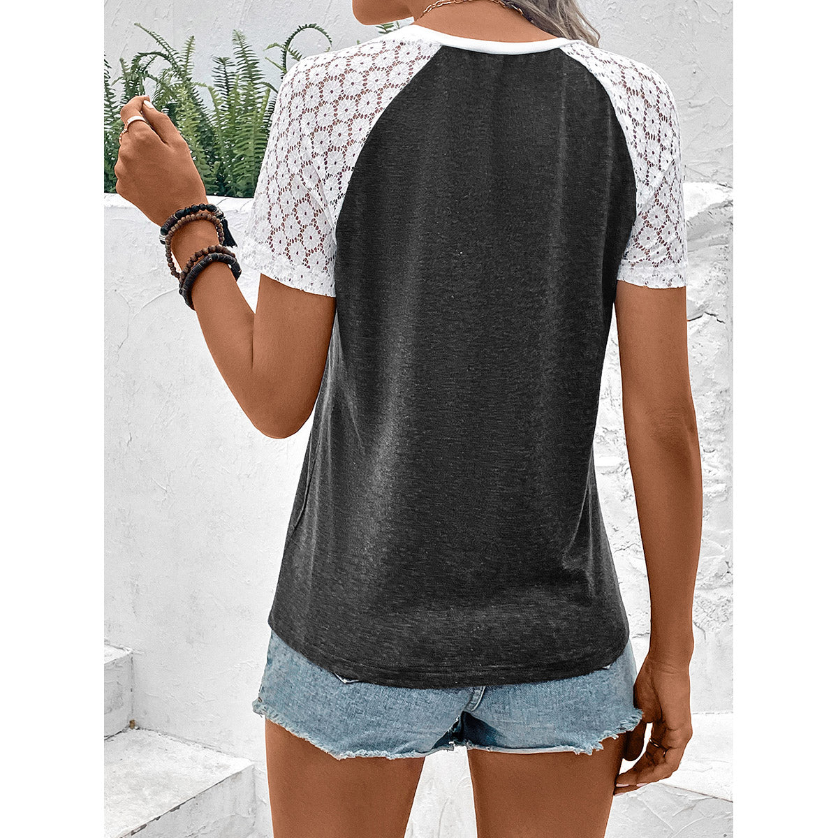 Pink & White Lace Insert Colourblocked Casual Top