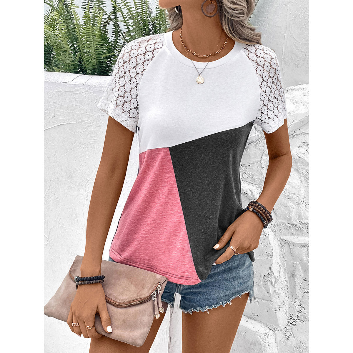 Pink & White Lace Insert Colourblocked Casual Top
