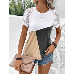 Beige & White Colourblocked Round Neck Top