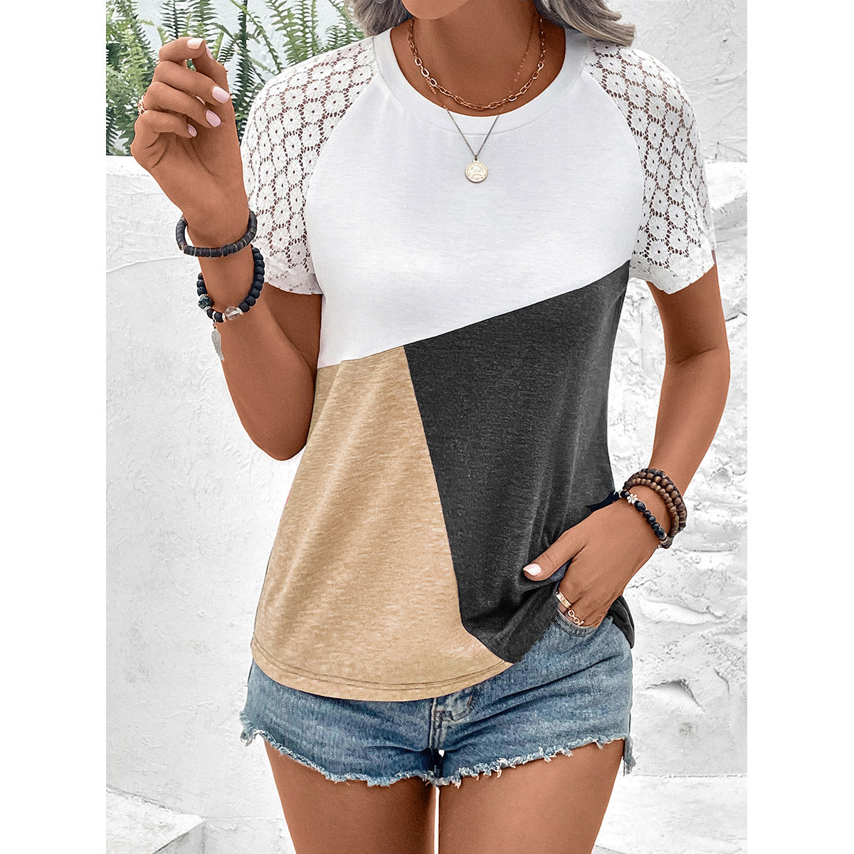 Beige & White Colourblocked Round Neck Top