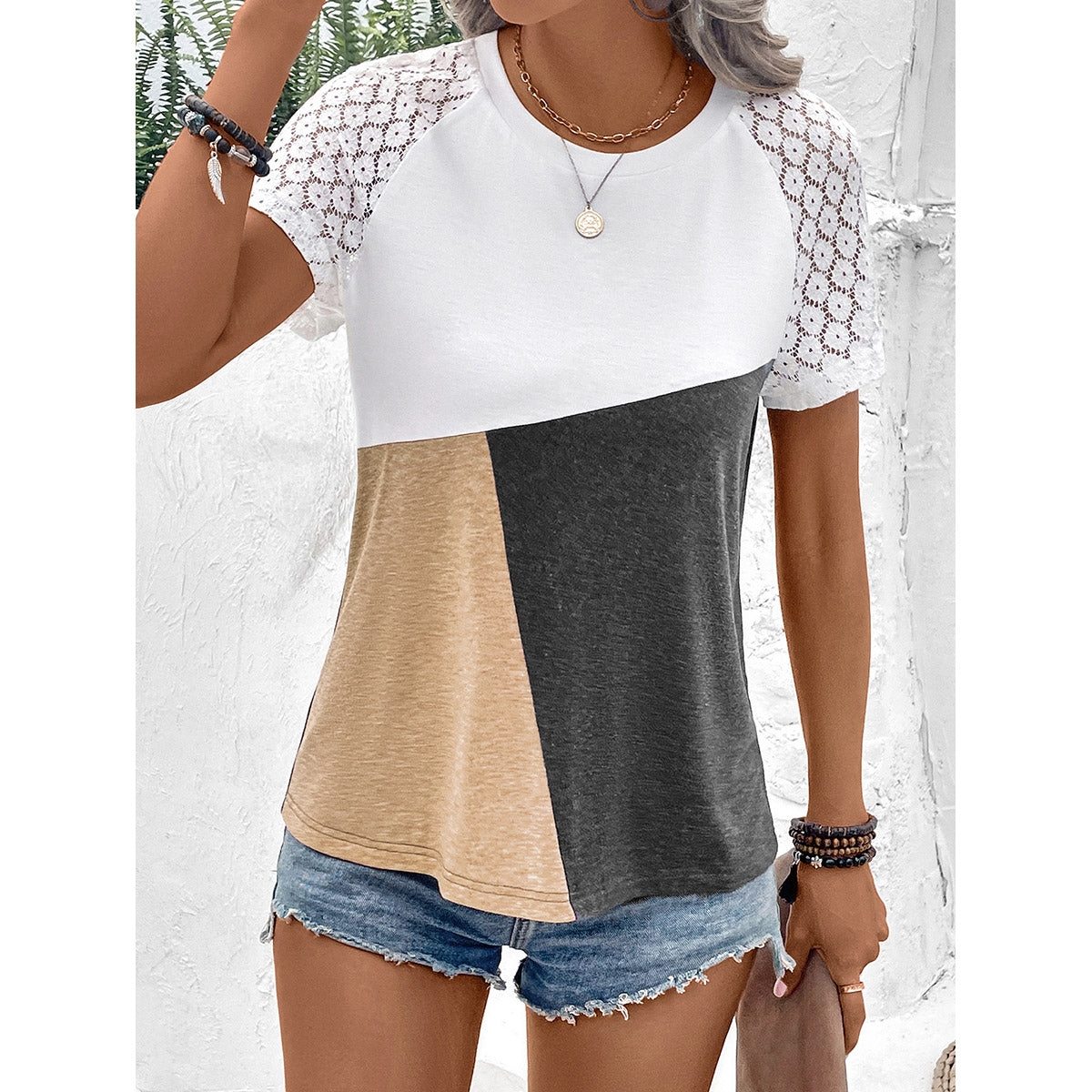 Beige & White Colourblocked Round Neck Top