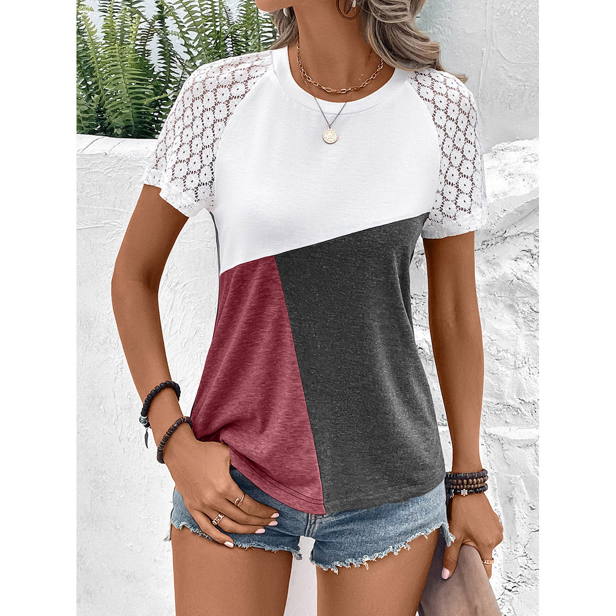 Maroon & Grey Colourblocked Raglan Sleeves Lace Insert Top