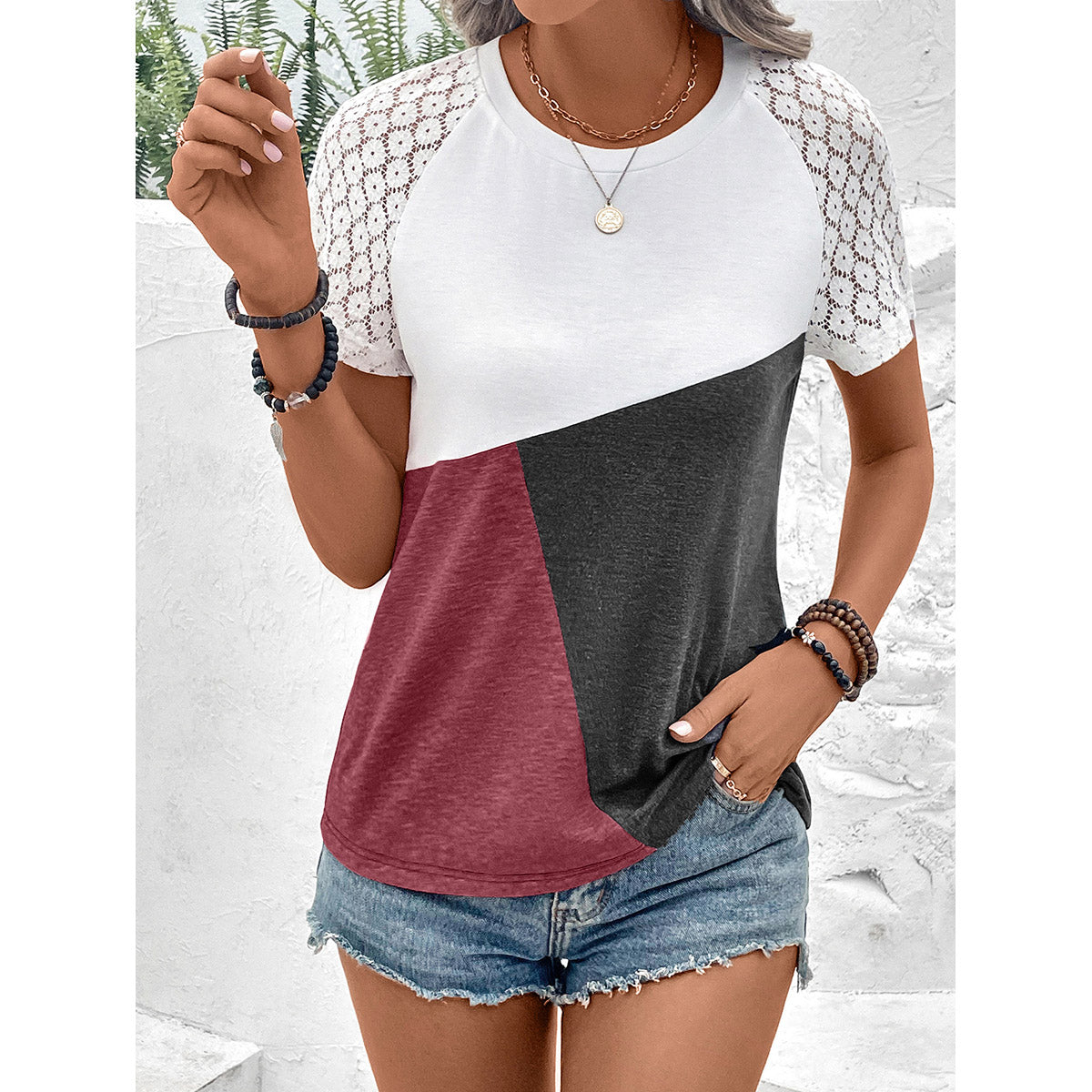 Maroon & Grey Colourblocked Raglan Sleeves Lace Insert Top