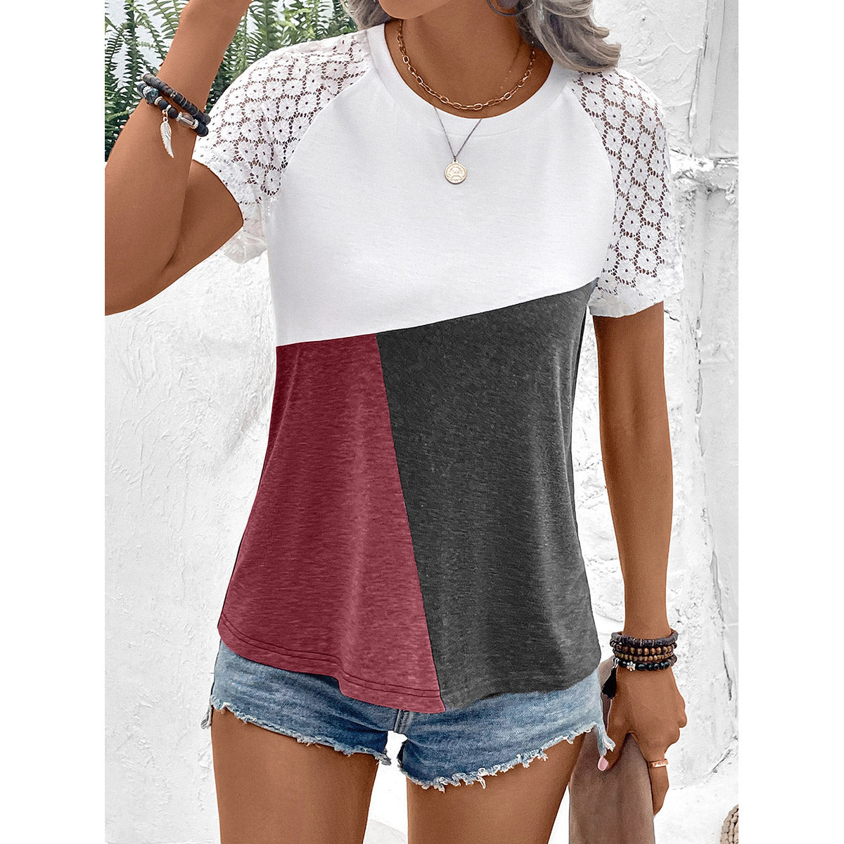 Maroon & Grey Colourblocked Raglan Sleeves Lace Insert Top