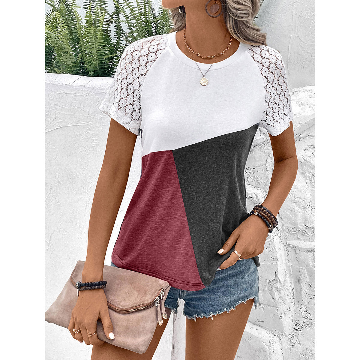 Maroon & Grey Colourblocked Raglan Sleeves Lace Insert Top
