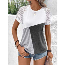 Grey & White Lace Insert Colourblocked Casual Top