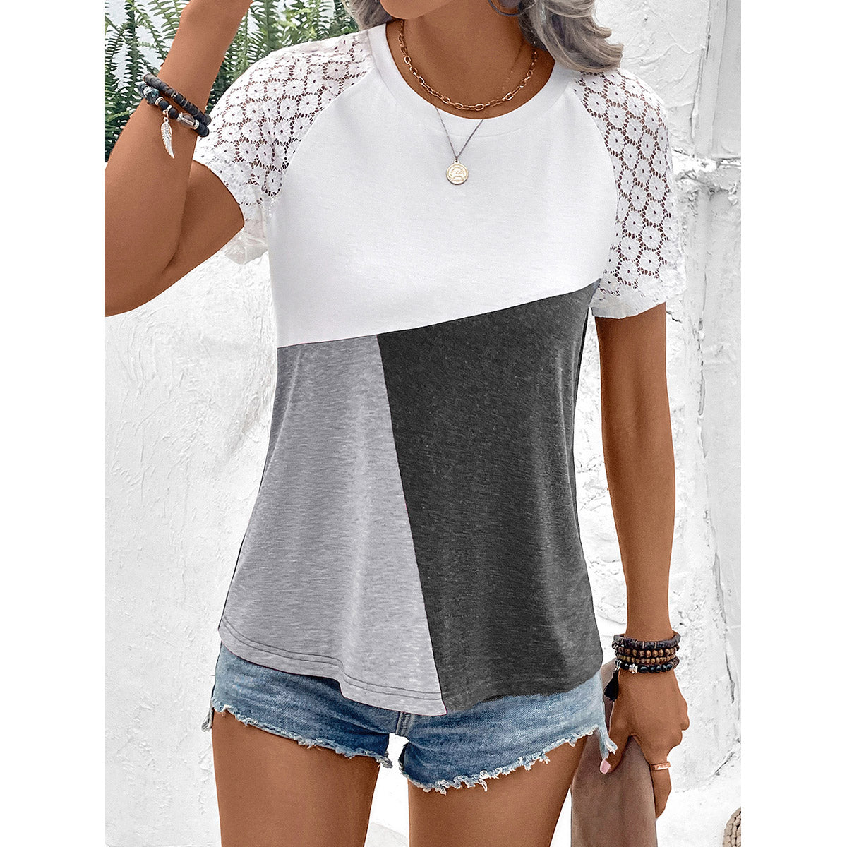 Grey & White Lace Insert Colourblocked Casual Top