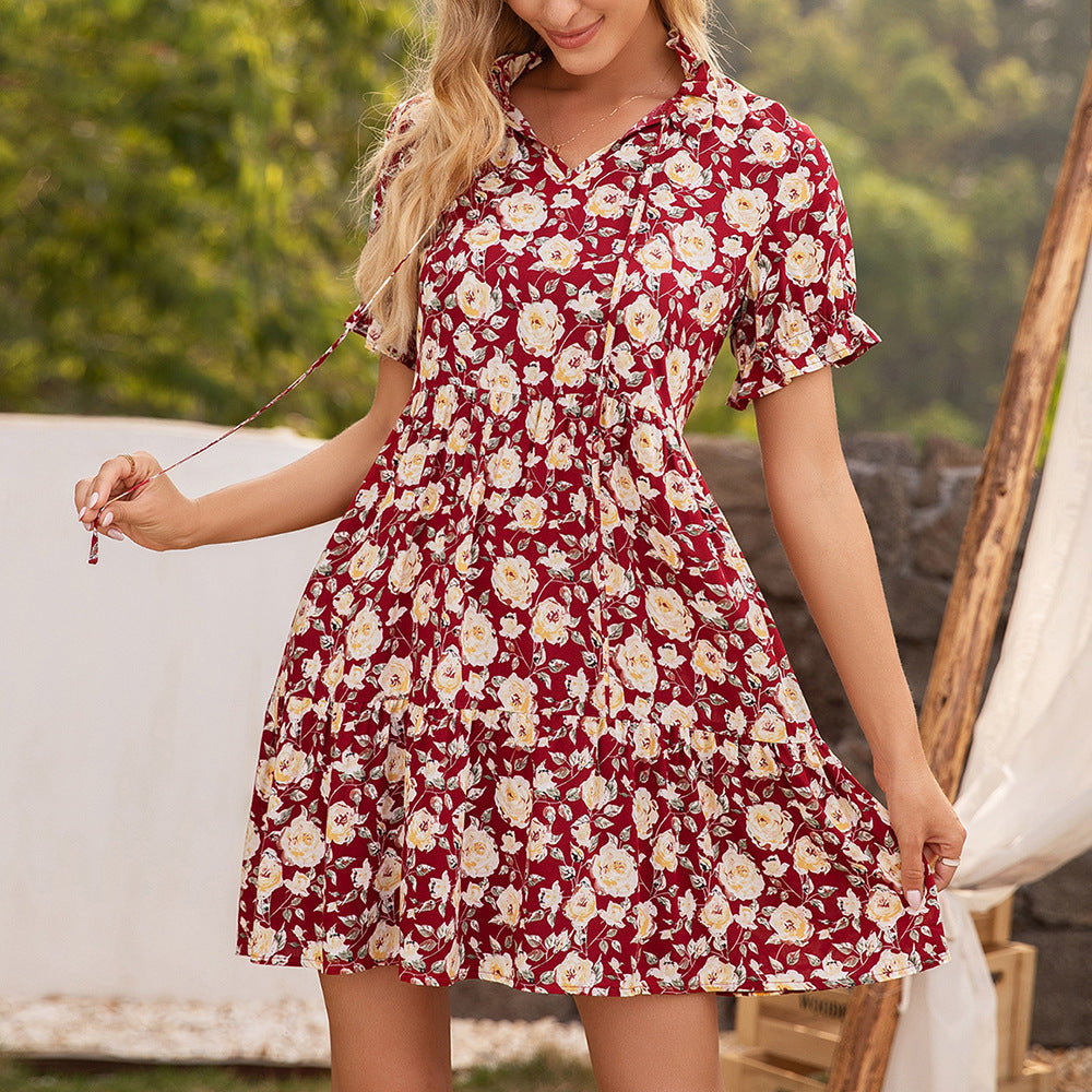 Maroon Floral Tie-Up Neck Knee Length A-Line Dress