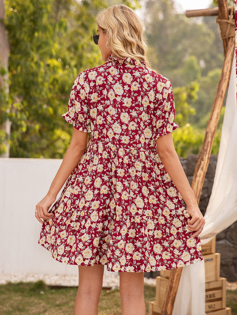 Maroon Floral Tie-Up Neck Knee Length A-Line Dress