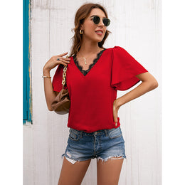 Maroon V-Neck Lace Inserts Flared Sleeves Top