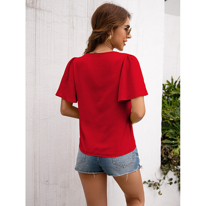 Maroon V-Neck Lace Inserts Flared Sleeves Top