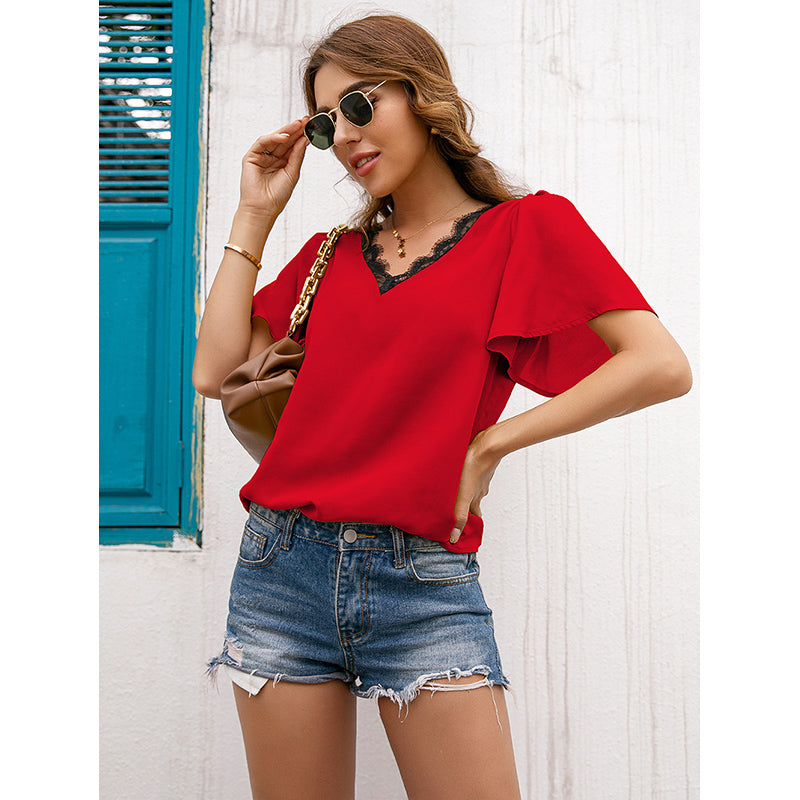 Maroon V-Neck Lace Inserts Flared Sleeves Top