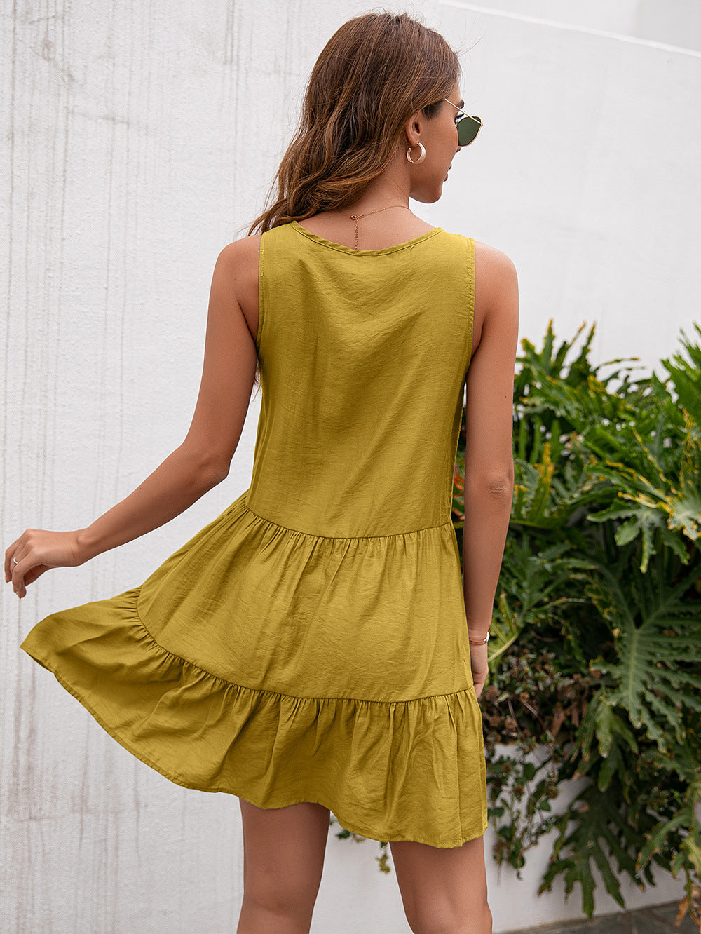 Women Mustard Yellow Tie-Up Neck A-Line Dress