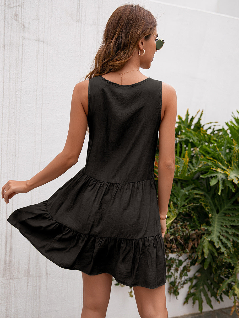Women Black Tie-Up Neck Dress
