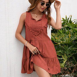 Brown Tie-Up Neck Lace Detail A-Line Knee Length Dress